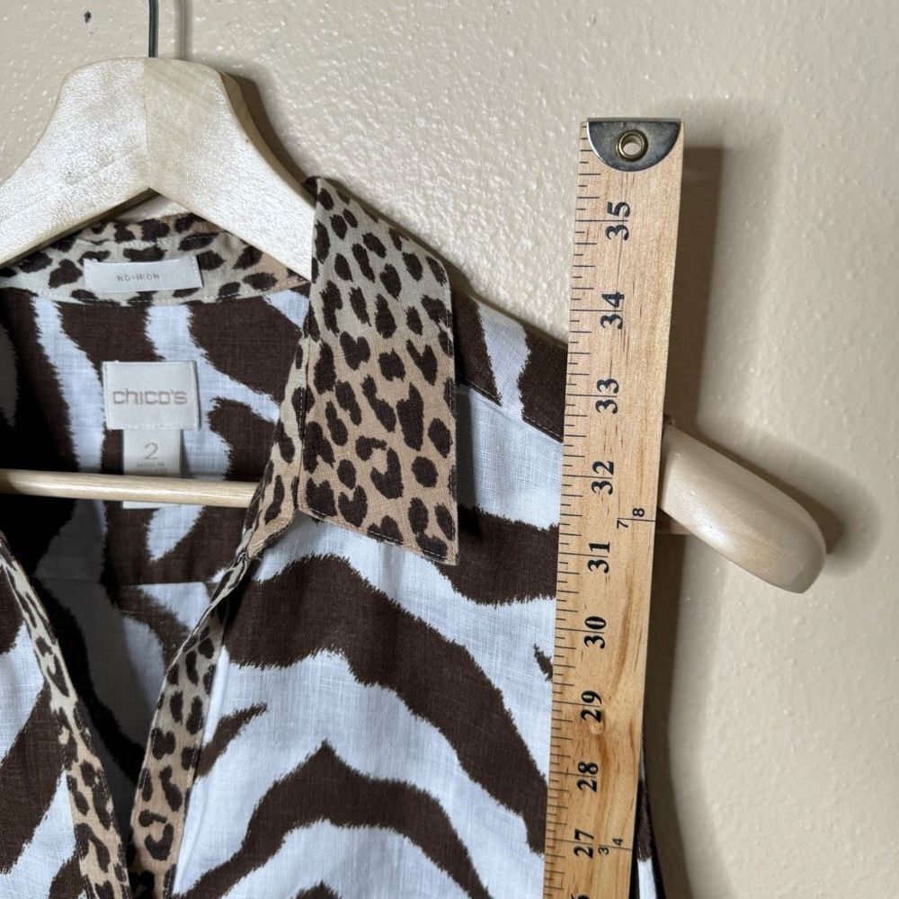 Chico's Shirt Women's Large 100% Linen No Iron Sleeveless Top Tunic Animal Print - Picture 7 of 12